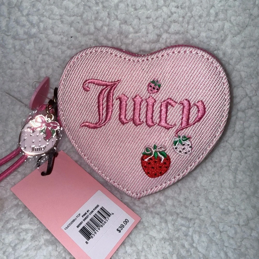 NWT Juicy Couture Berry Sweet Pink Heart Coin Pouch with Strawberry Charms